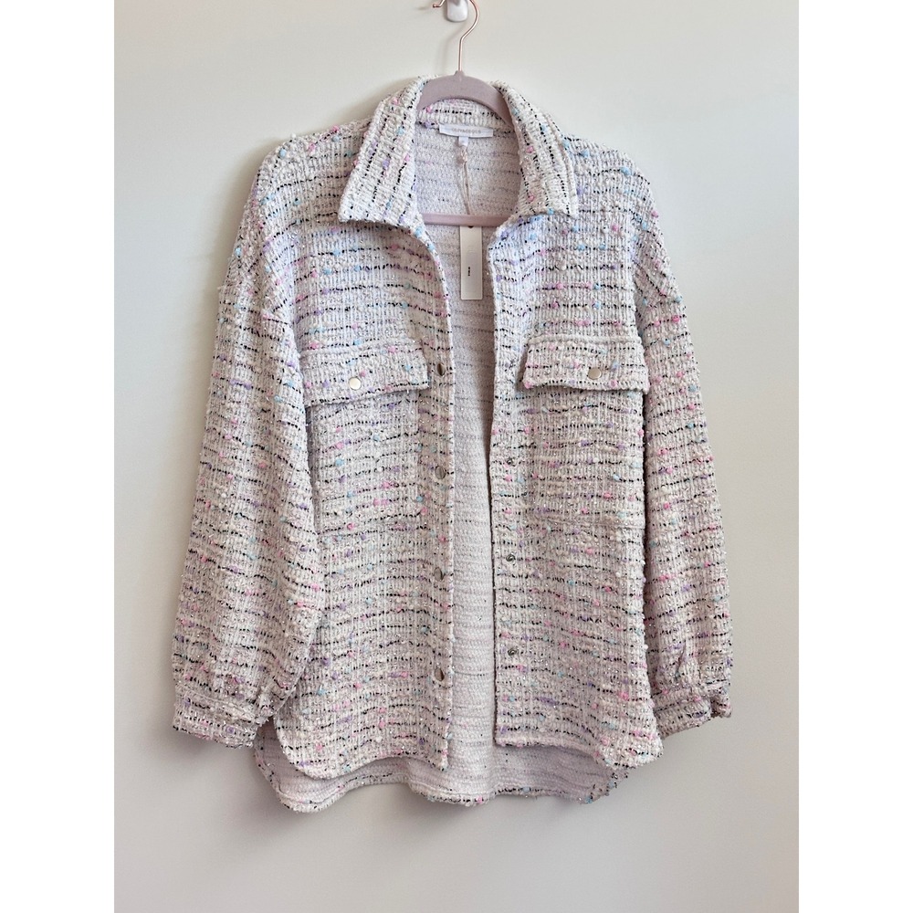 Olivaceous Tweed Shirt Jacket Shacket White Pink Blue Metallic Confetti Small